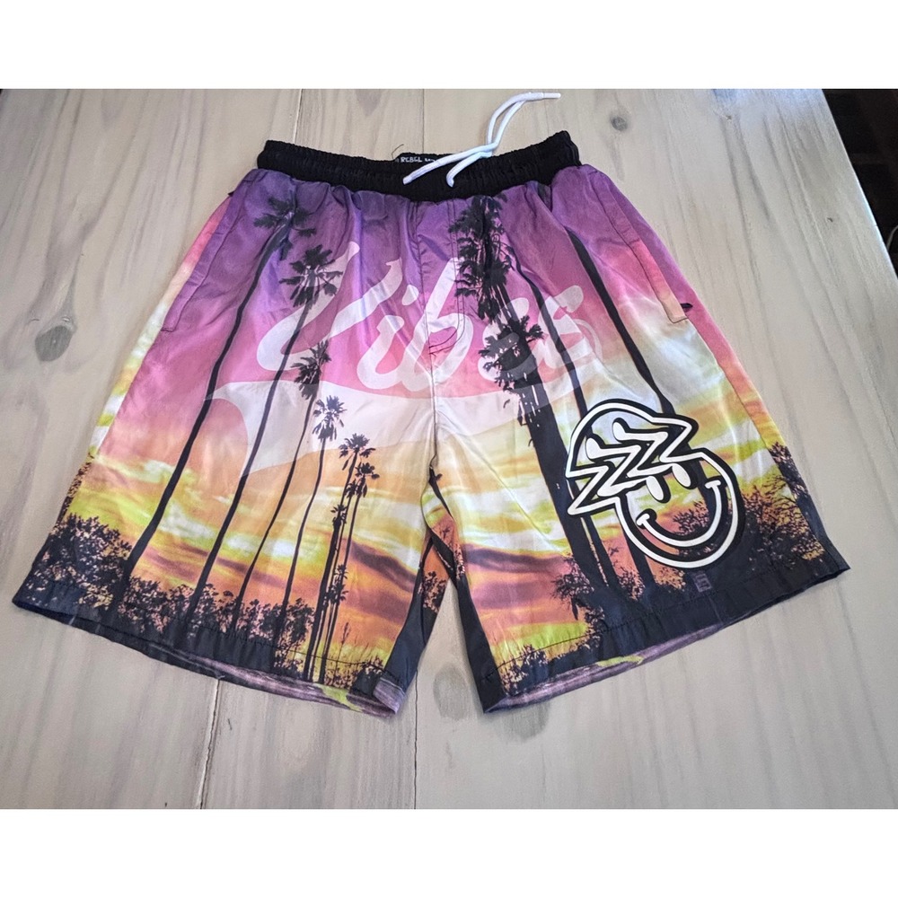 Rebel Minds Mens Vibes Sunset Palm‎ Tree Swim Trunks Shorts Purple Pink Size L